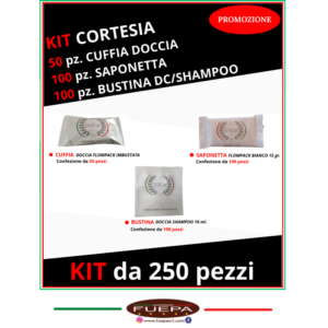 KIT cortesia Cuffia-Bustina doccia shampoo-Saponetta 250 pezzi